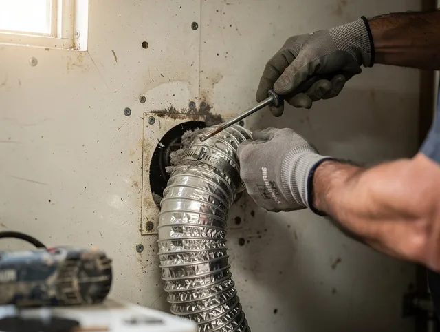 North Castle Dryer Vent Cleaning technician performing precise dryer vent hose installation in North Castle